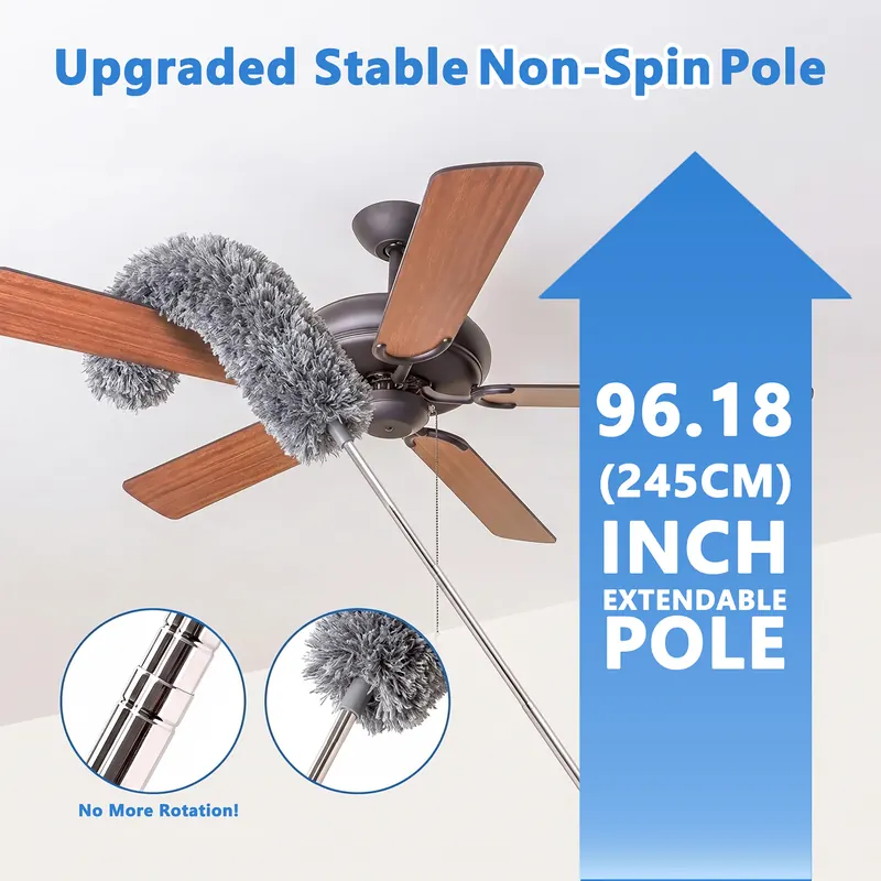 Extendable anti-spin pole reaching the blades of a ceiling fan