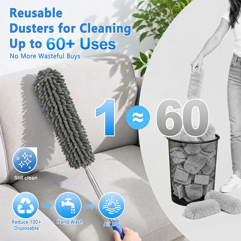 Microfibre duster head on a sofa next to a bin filled with disposable dusters